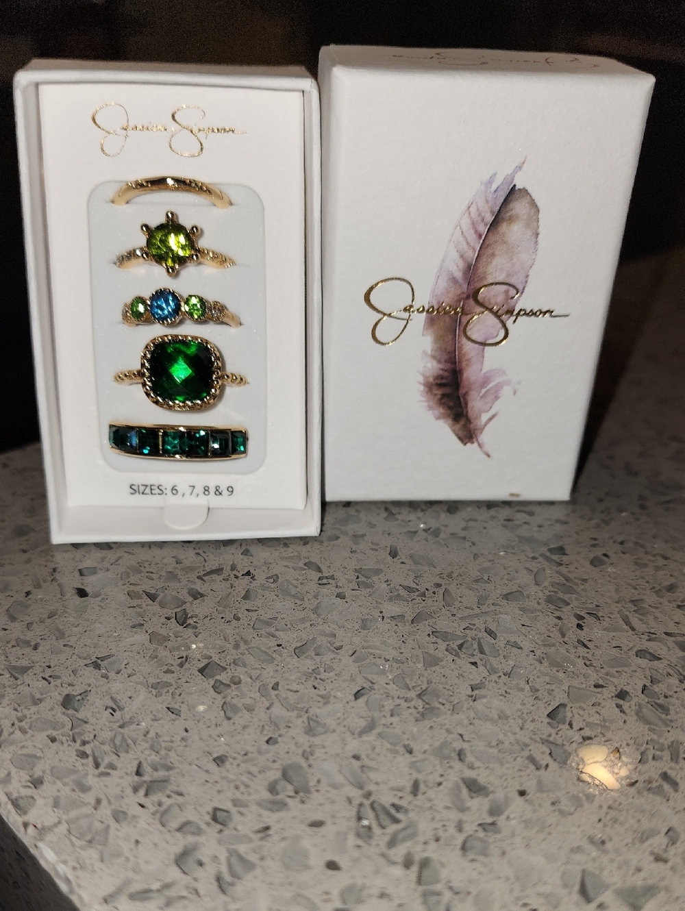 Jessica Simpson Emerald and Teal Crystal Stackable Ring Set - Gold Tone